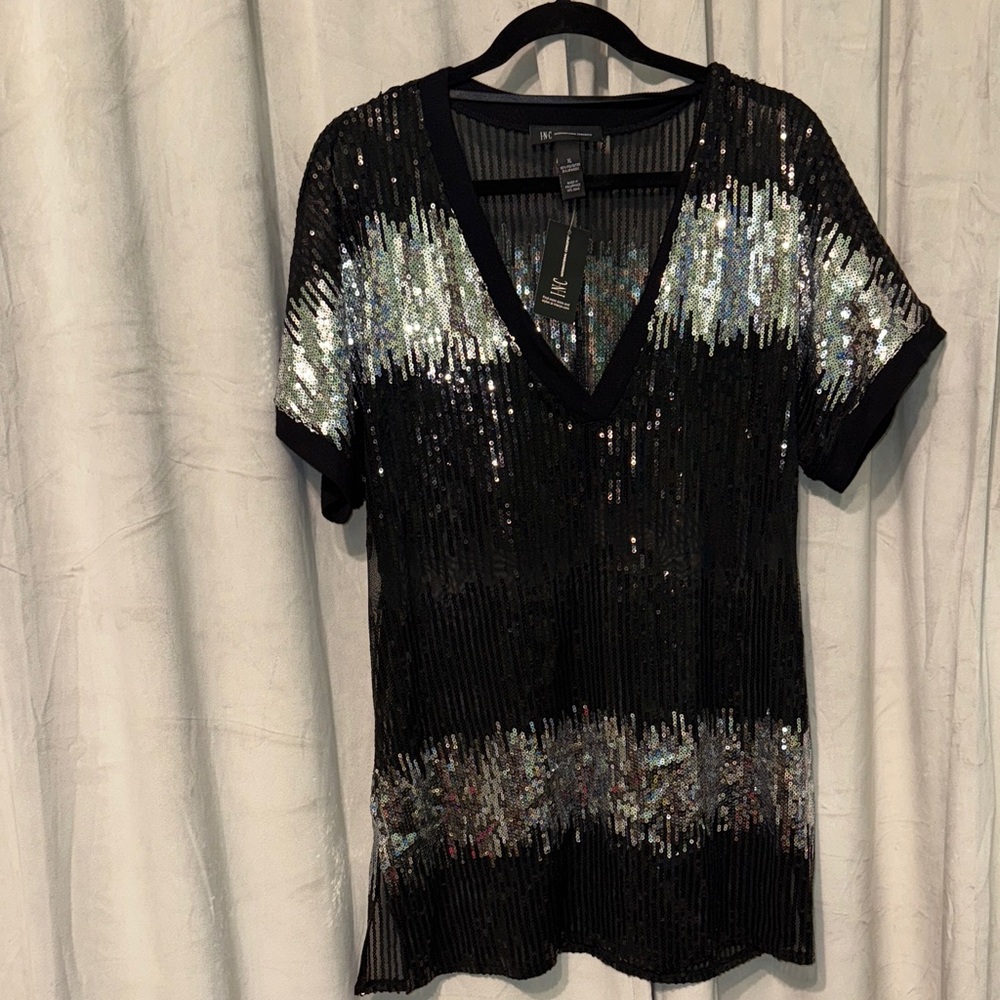 INC International Concepts Black and Silver Short Sleeve Sequin Top